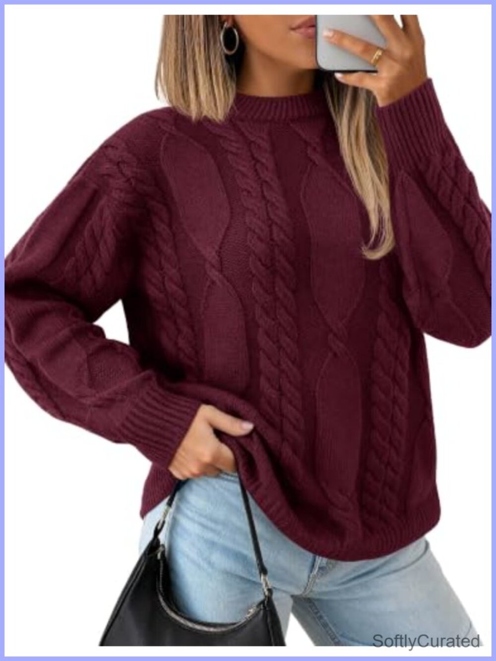 Womens Cable Knit Pullover Sweater Crewneck Long Sleeve Loose Fit